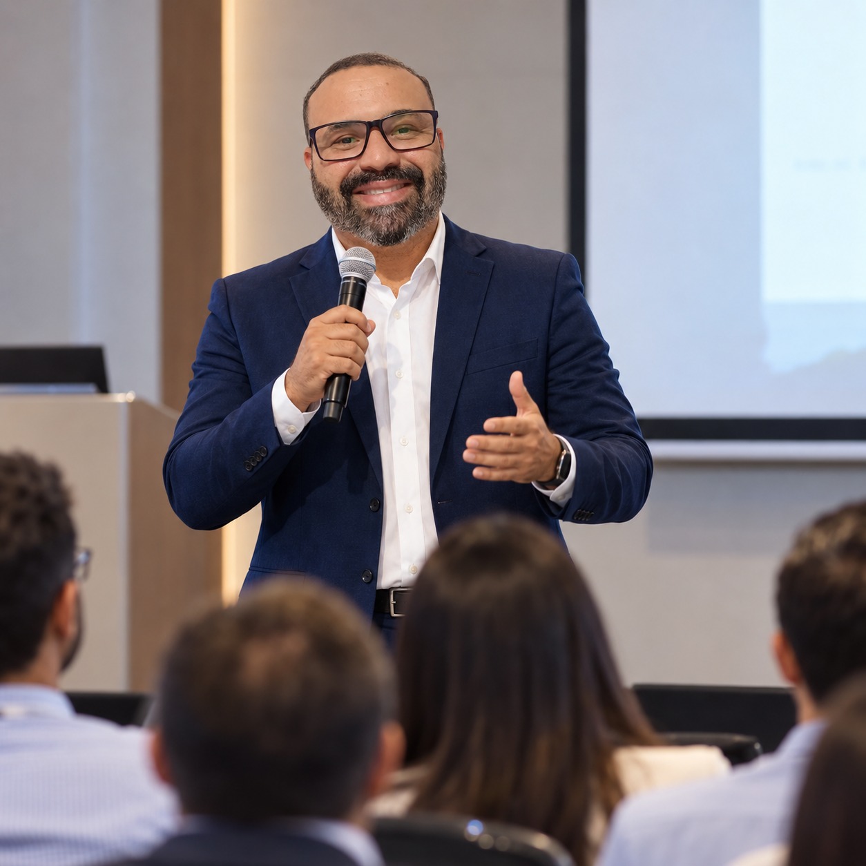 Marcone Bibiano conduzindo uma palestra corporativa